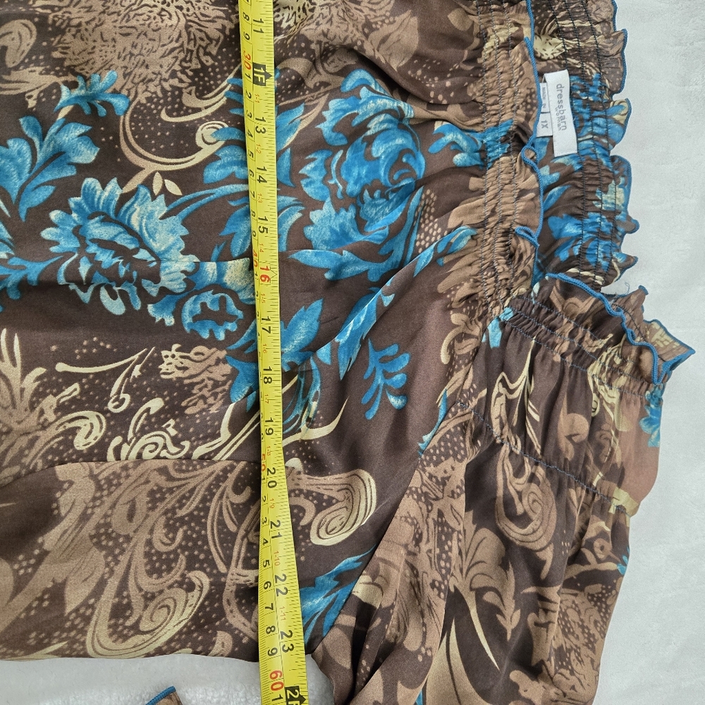 Dressbarn Satin Floral Blouse Brown Blue Paisley Cottagecore 3/4‎ Sleeve Sz 1X - Picture 10 of 11